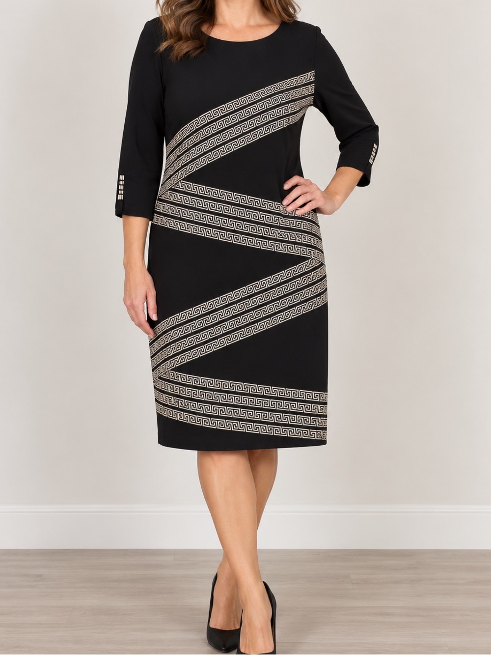 Joseph Ribkoff Black & Ivory Greek Key Geometric Midi Dress Size 14